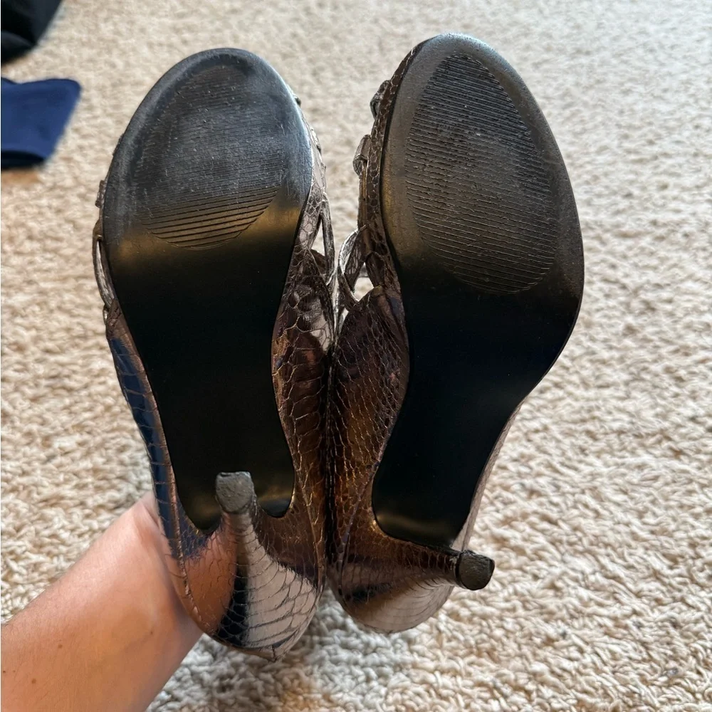 Maurices Metallic Snake-Print Strappy Heels in Bronze
